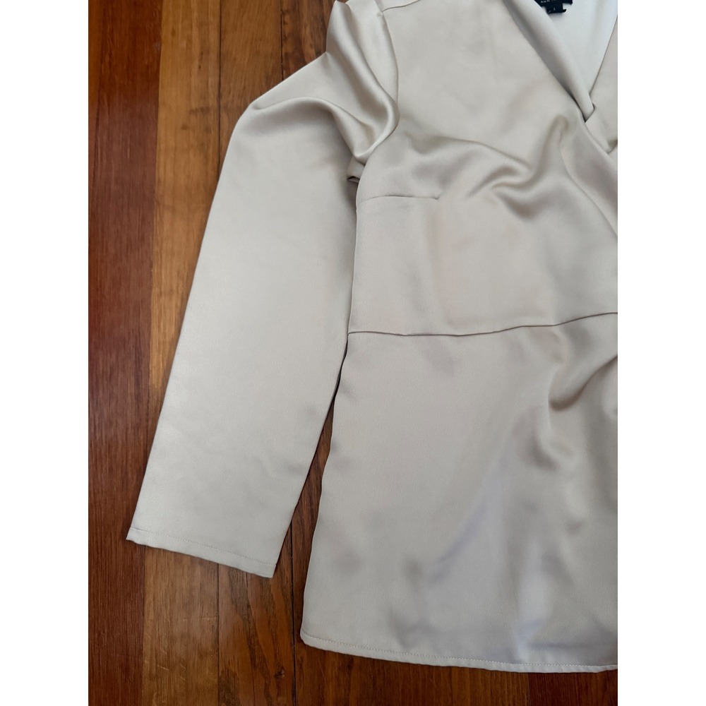 Ann Taylor Women Champagne Beige Satin Long Sleeve Side Tie Wrap Blouse Large - Picture 6 of 8